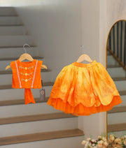 Orange Tulle Net Handworked Top with  Yellow Chanderi Full Length Skirt For Pongal [7678]
