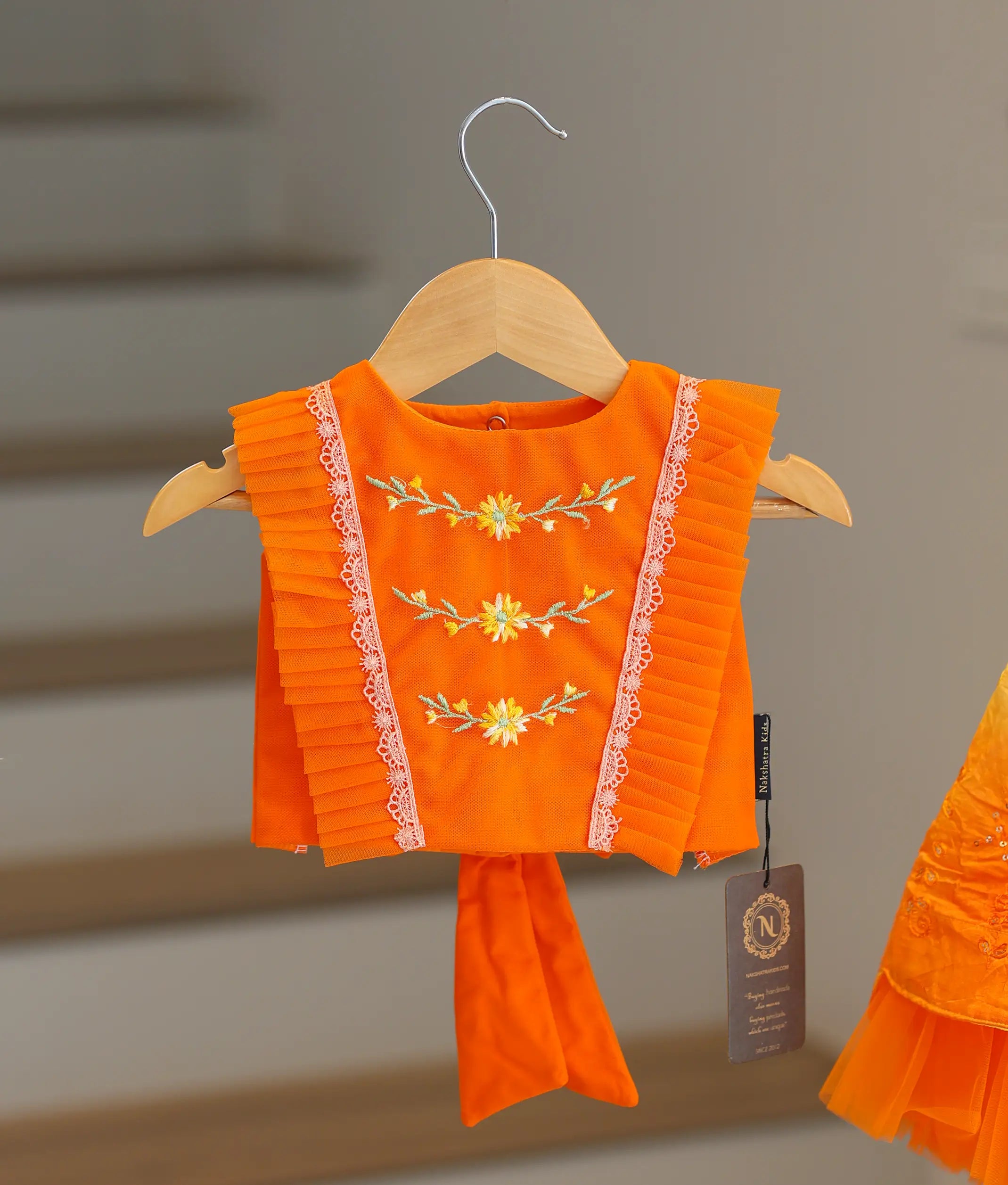 Orange Tulle Net Handworked Top with  Yellow Chanderi Full Length Skirt For Pongal [7678]