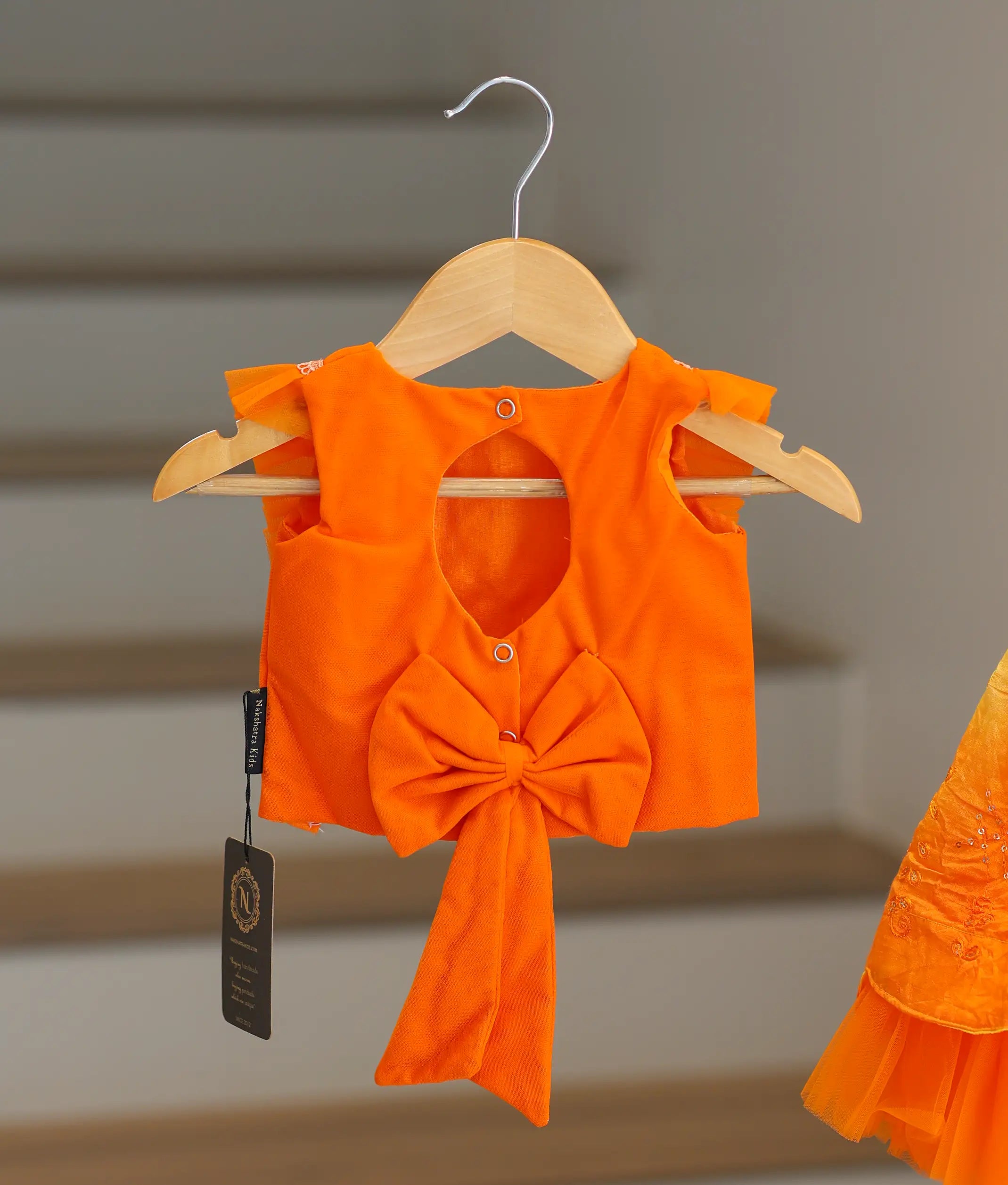 Orange Tulle Net Handworked Top with  Yellow Chanderi Full Length Skirt For Pongal [7678]