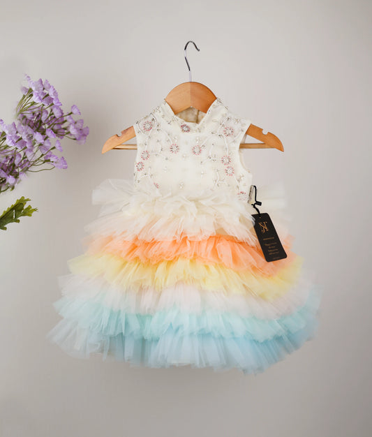 Offwhite Handworked Yoke With Multicolor Skirt Birthday Frock For Baby Girl [Ready to ship:7725]