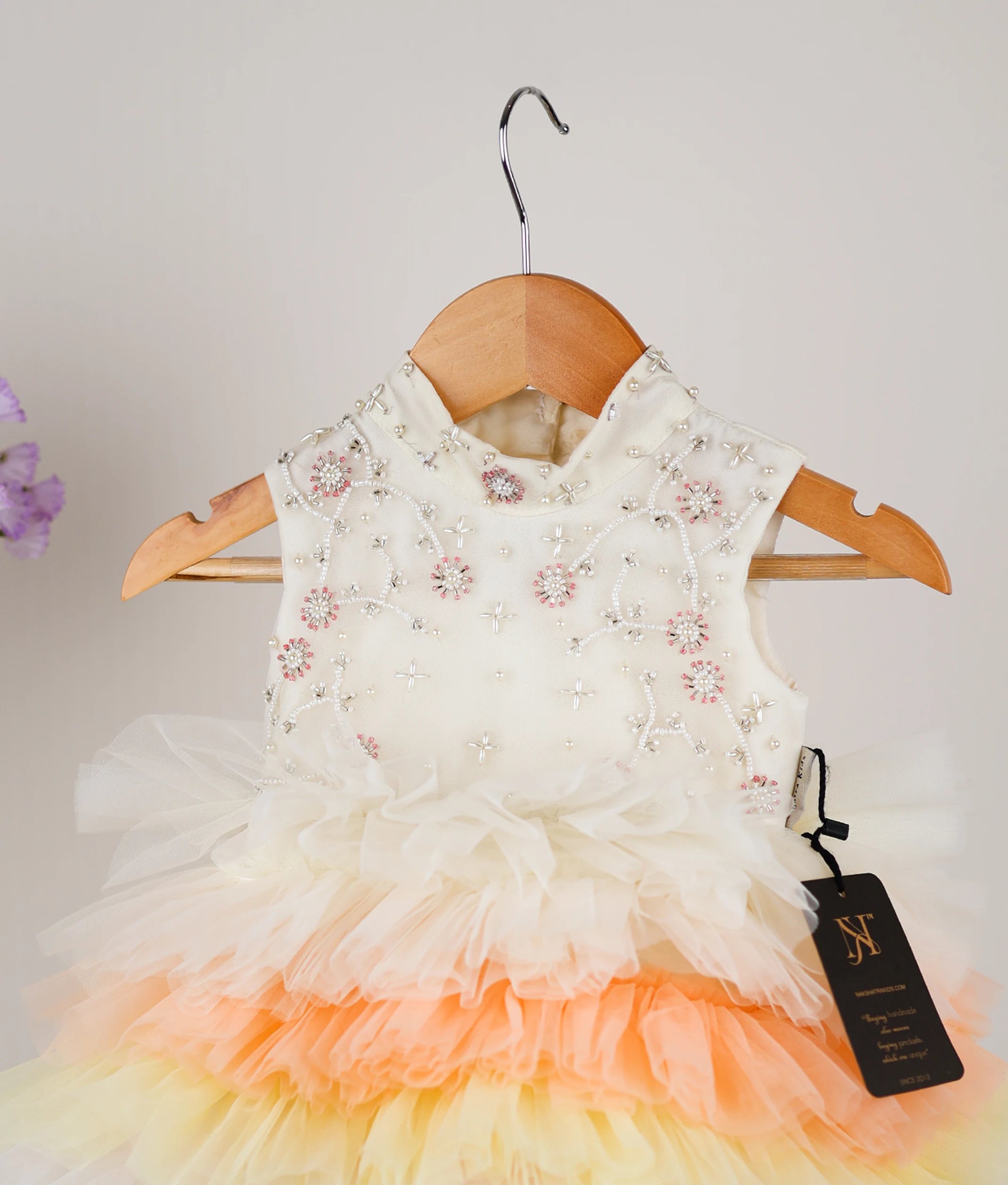 Offwhite Handworked Yoke With Multicolor Skirt Birthday Frock For Baby Girl [Ready to ship:7725]