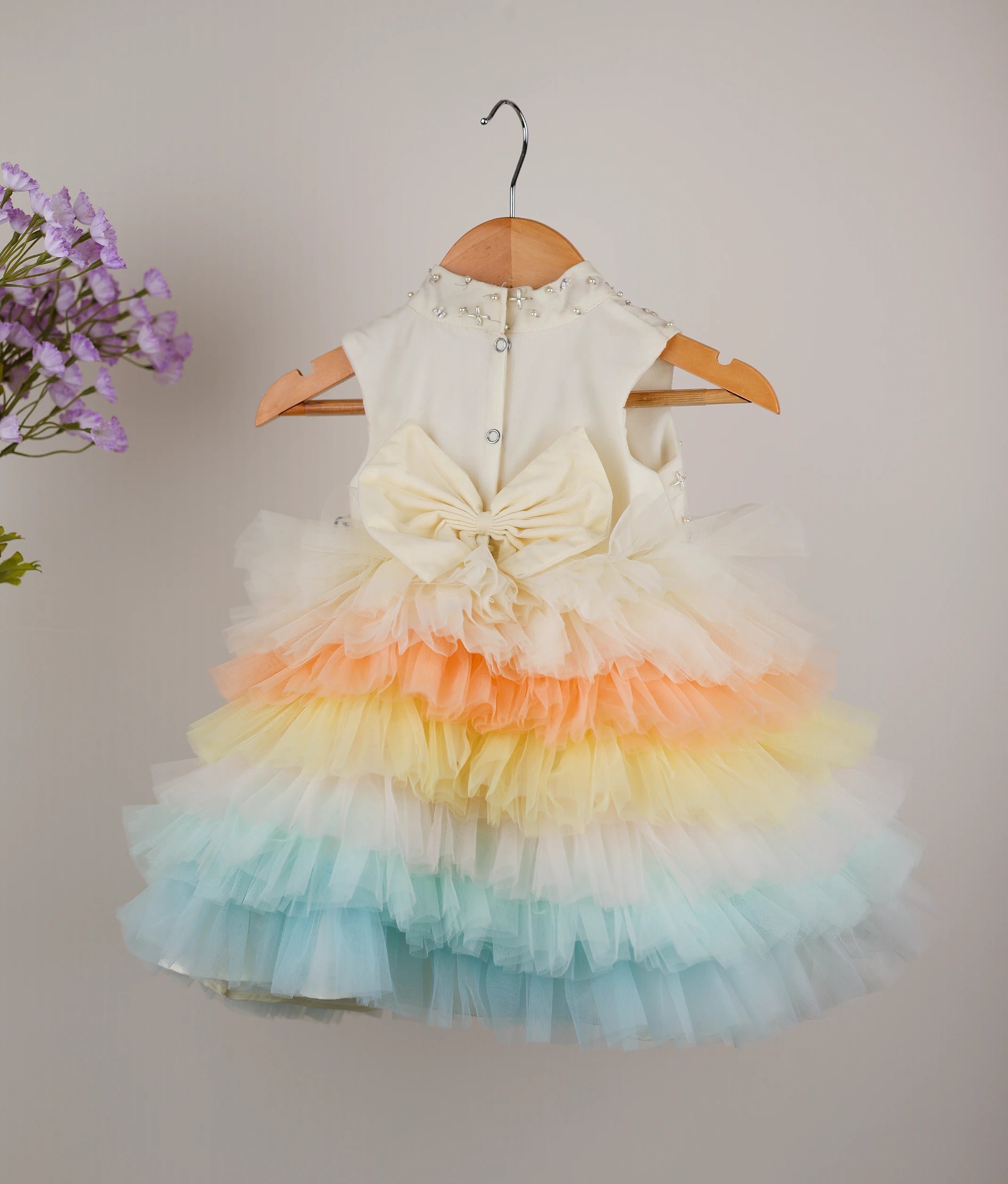 Offwhite Handworked Yoke With Multicolor Skirt Birthday Frock For Baby Girl [Ready to ship:7725]