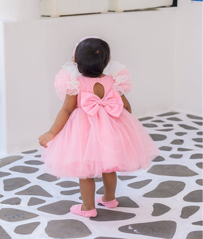 Pastel Pink Tulle Net  Handworked Birthday Frock For Baby Girl [7802A]