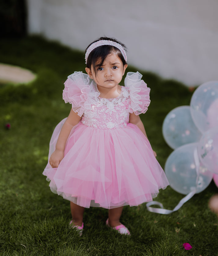 Pastel Pink Tulle Net  Handworked Birthday Frock For Baby Girl [7802A]