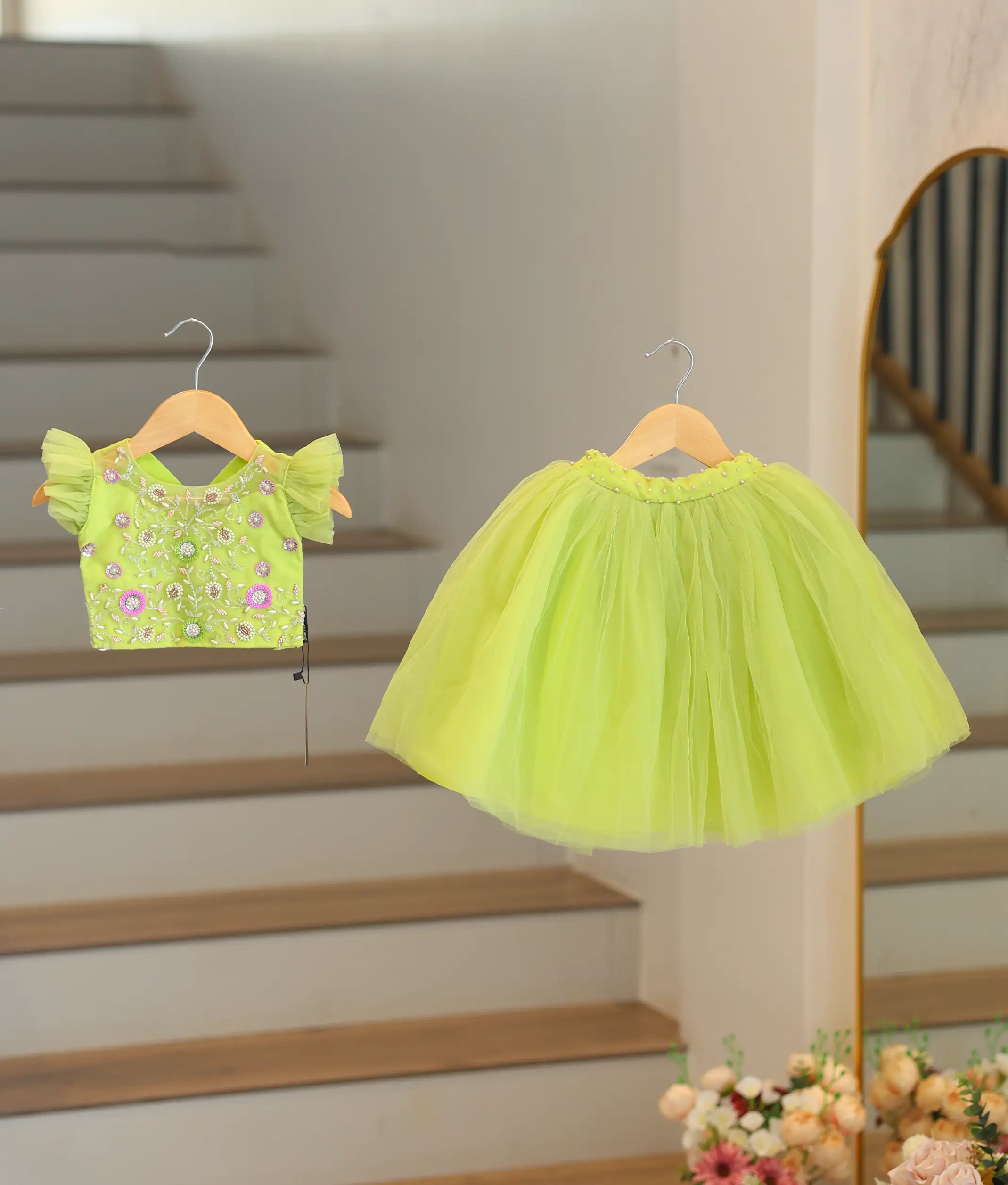Pastel Green Tulle Net Handworked Crop Top with  Full Length Skirt For Baby Girl [7880]