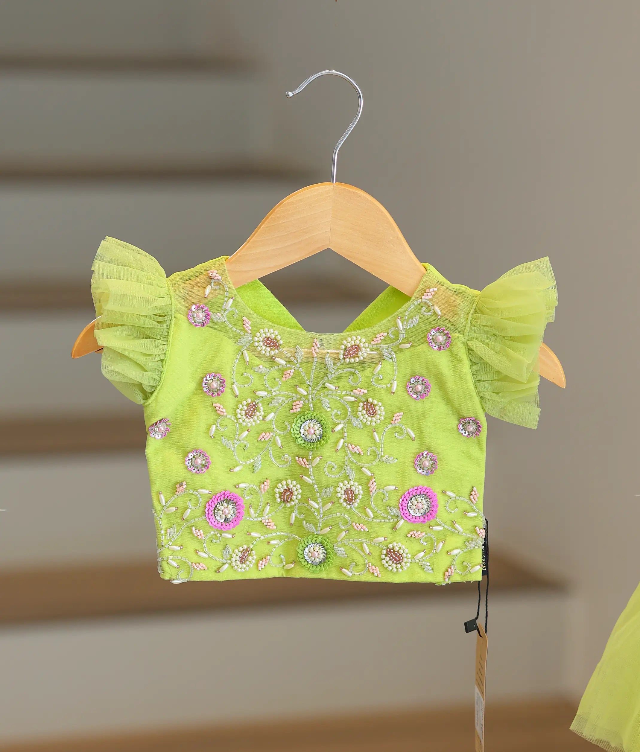Pastel Green Tulle Net Handworked Crop Top with  Full Length Skirt For Baby Girl [7880]