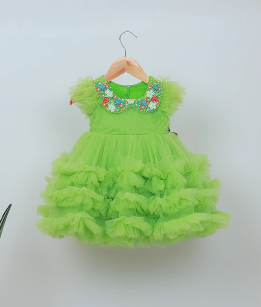 Green Tulle Net Handworked Birthday Frock For Baby Girl [Ready to ship:7904]