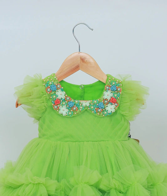 Green Tulle Net Handworked Birthday Frock For Baby Girl [Ready to ship:7904]