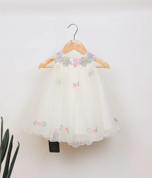 Offwhite Tulle Net Floral Embroidery Baptism Frock For Baby Girl [Ready to ship :KB7907]