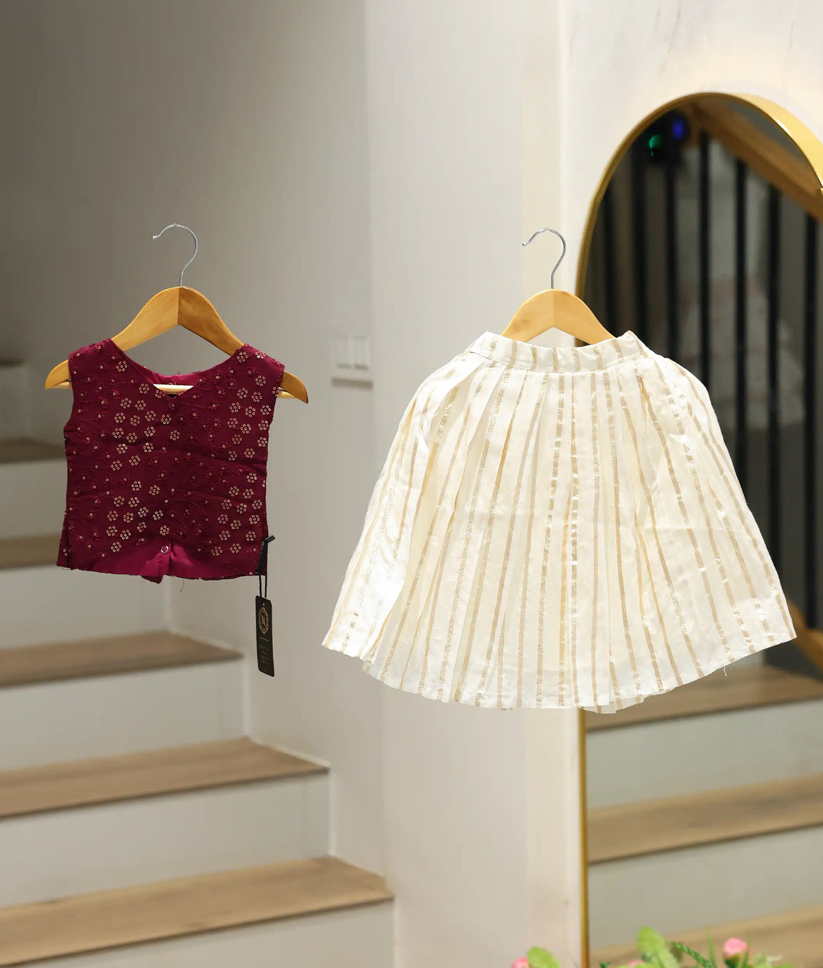 Wine Embroidered Top with Off-White Kasavu Skirt for Baby Girls - 7959