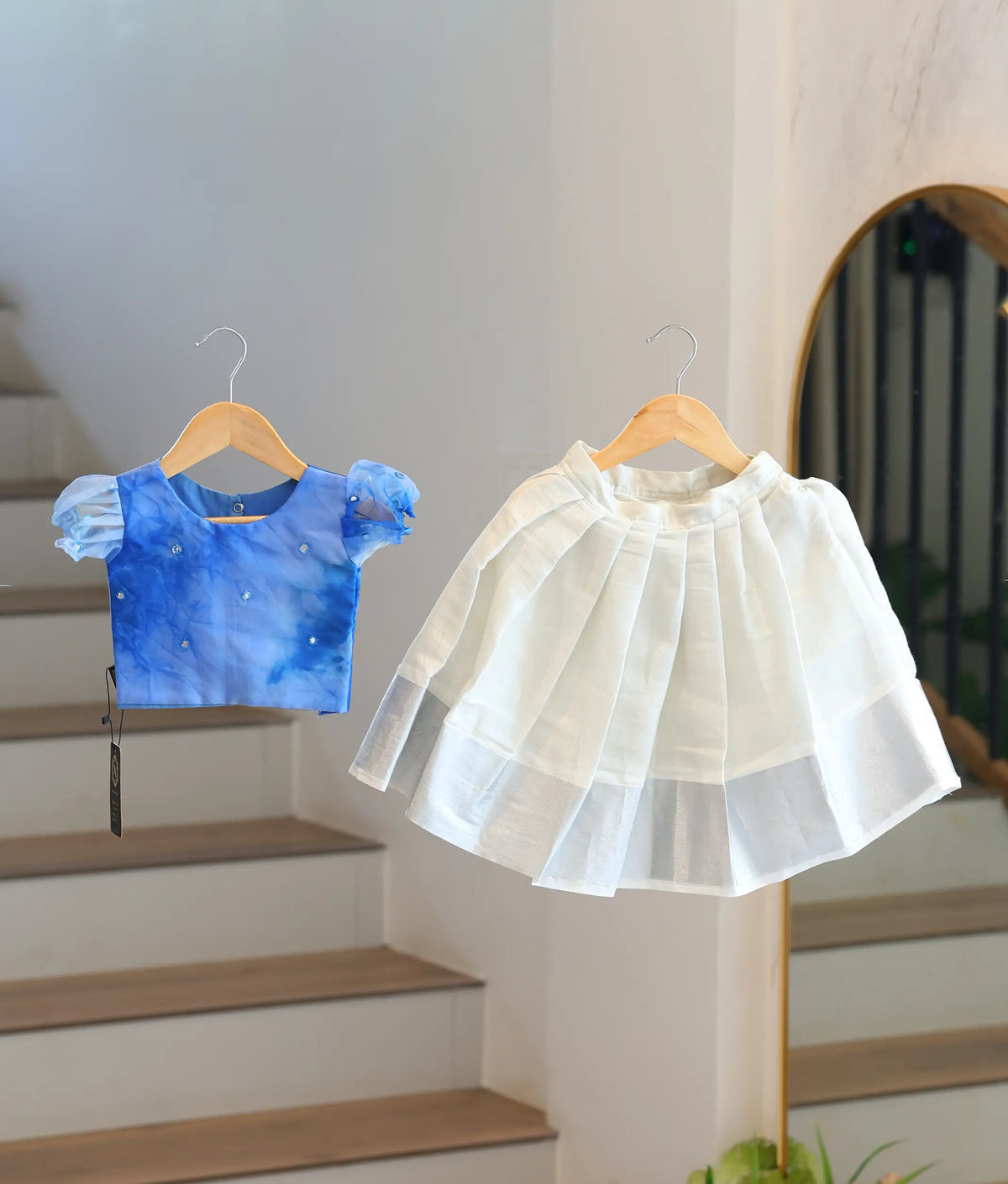 Blue Organza Top with Off-White Kasav Skirt for Baby Girls - 7972