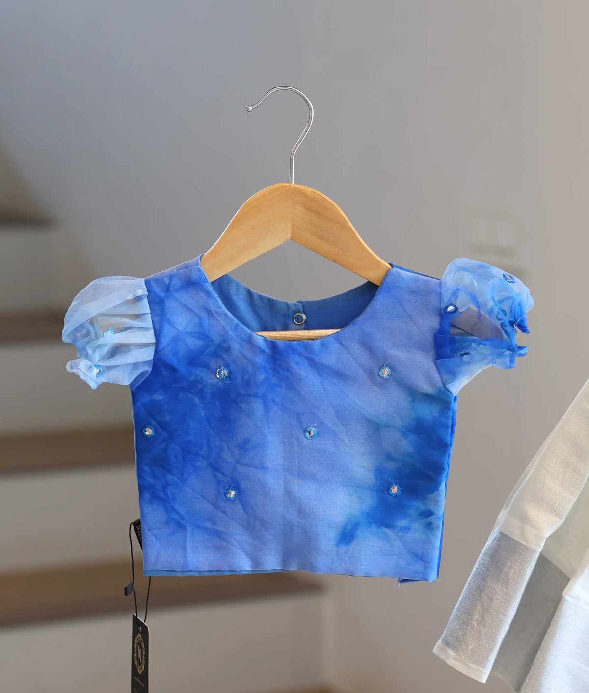 Blue Organza Top with Off-White Kasav Skirt for Baby Girls - 7972