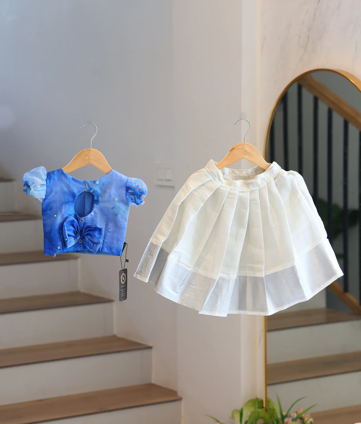 Blue Organza Top with Off-White Kasav Skirt for Baby Girls - 7972