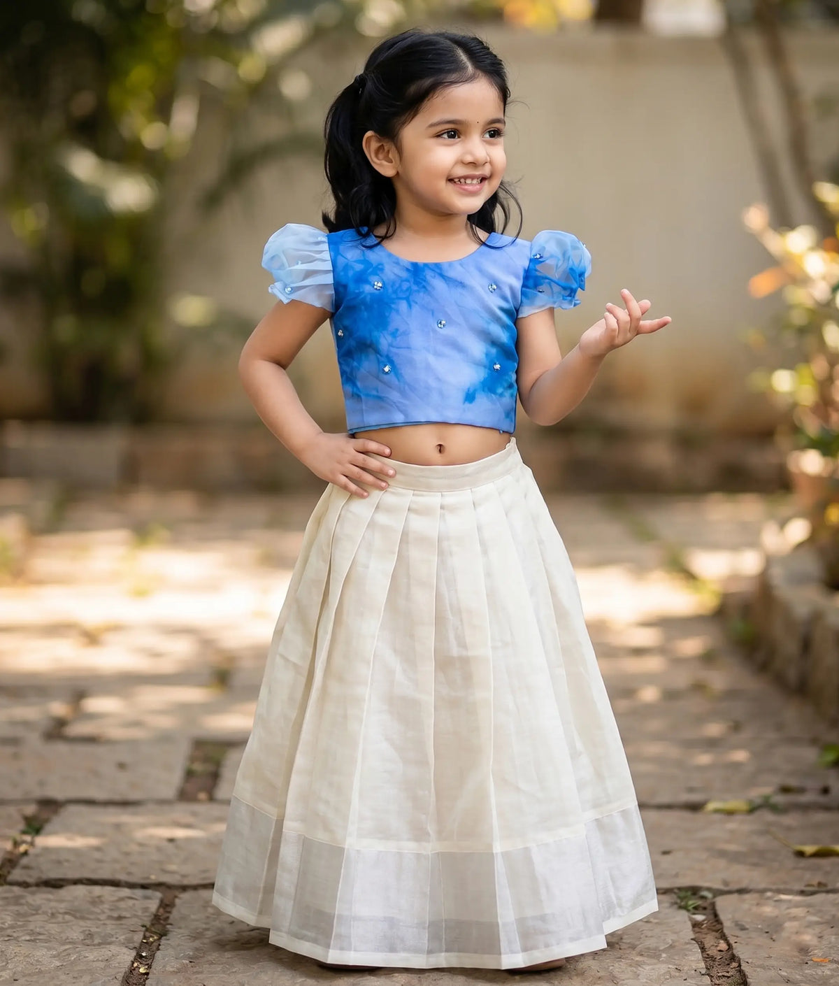 Blue Organza Top with Off-White Kasav Skirt for Baby Girls - 7972