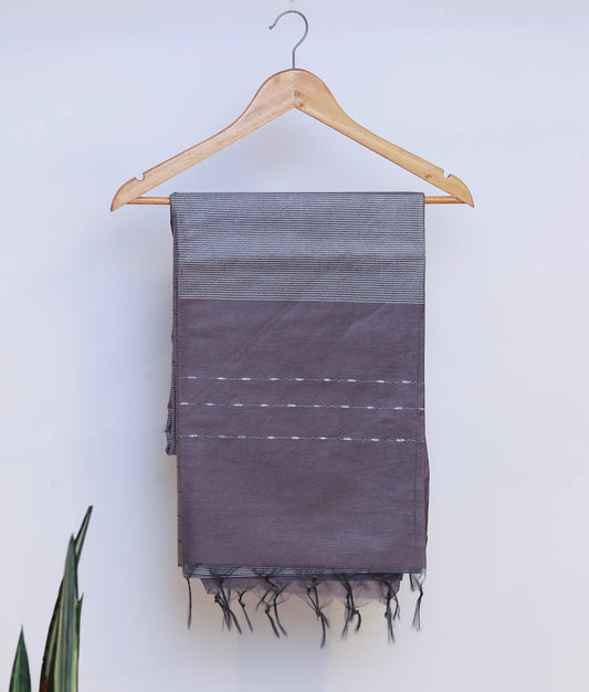 Charcoal Grey Bhagalpuri Silk Saree with Ivory Horizontal Pattern [Ready To Ship: CG00147]