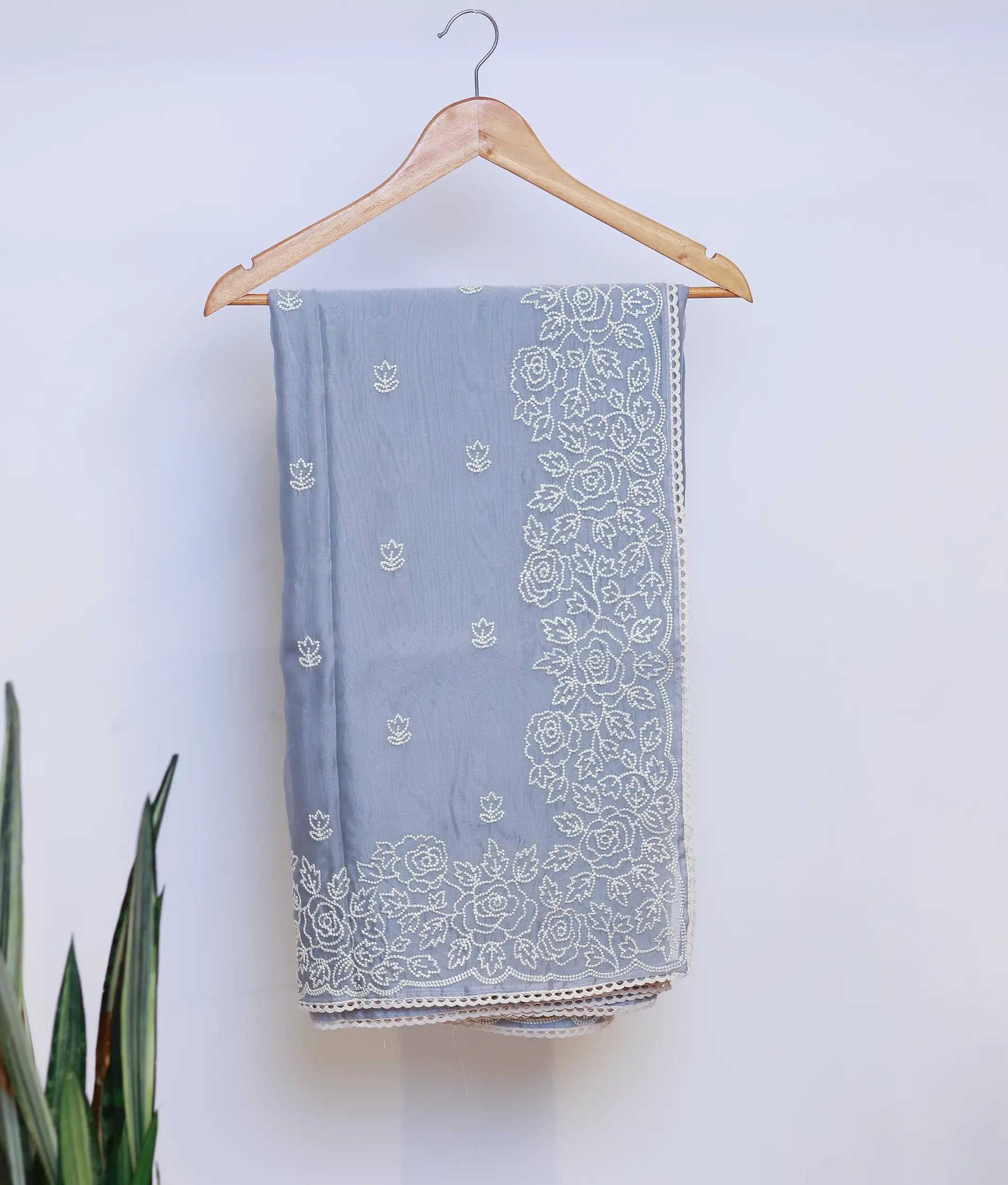 Dusty Blue organza Saree with Floral Embroidery and Crochet Lace Border [Ready To Ship: DB8379]
