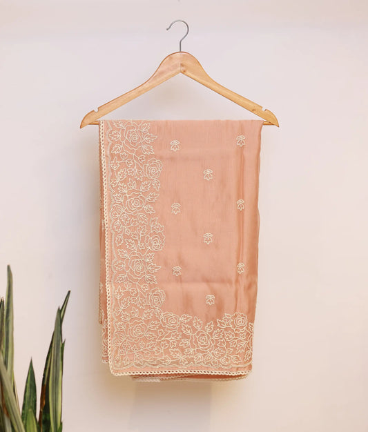 Rusty Peach Georgette Saree with Floral Embroidery and Crochet Lace Border [Ready To Ship: RP8379]