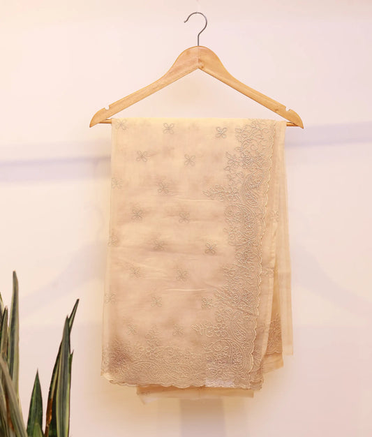 Cream Georgette Saree With Floral Embroidery And Decorative Border [Ready To Ship: C8385]