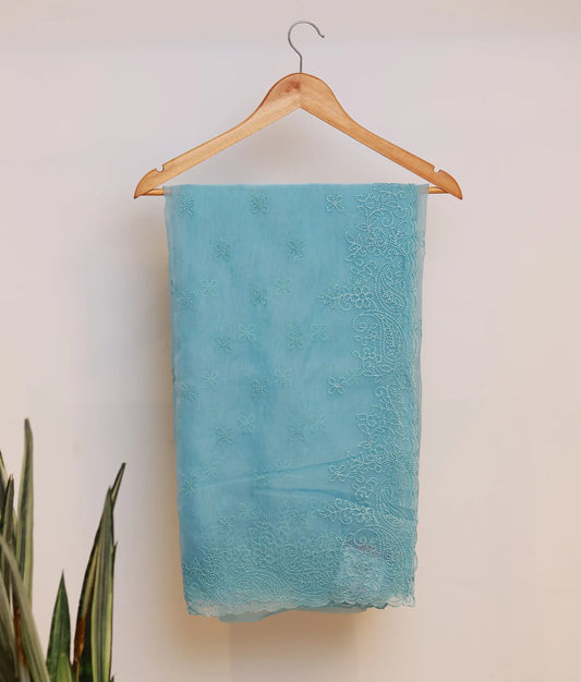 Turquoise Blue Georgette Saree With Floral Embroidery And Decorative Border [Ready To Ship: TB8385]