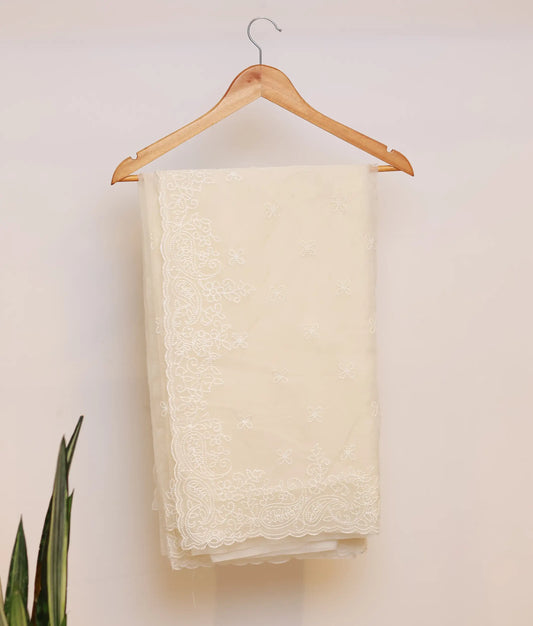 Off-White Georgette Saree With Floral Embroidery And Decorative Border [Ready To Ship: OW8385]