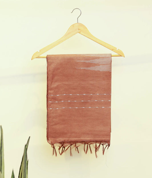 Copper Brown Bhagalpuri Silk Saree with Ivory Linear Patterns [Ready To Ship: CB00147]
