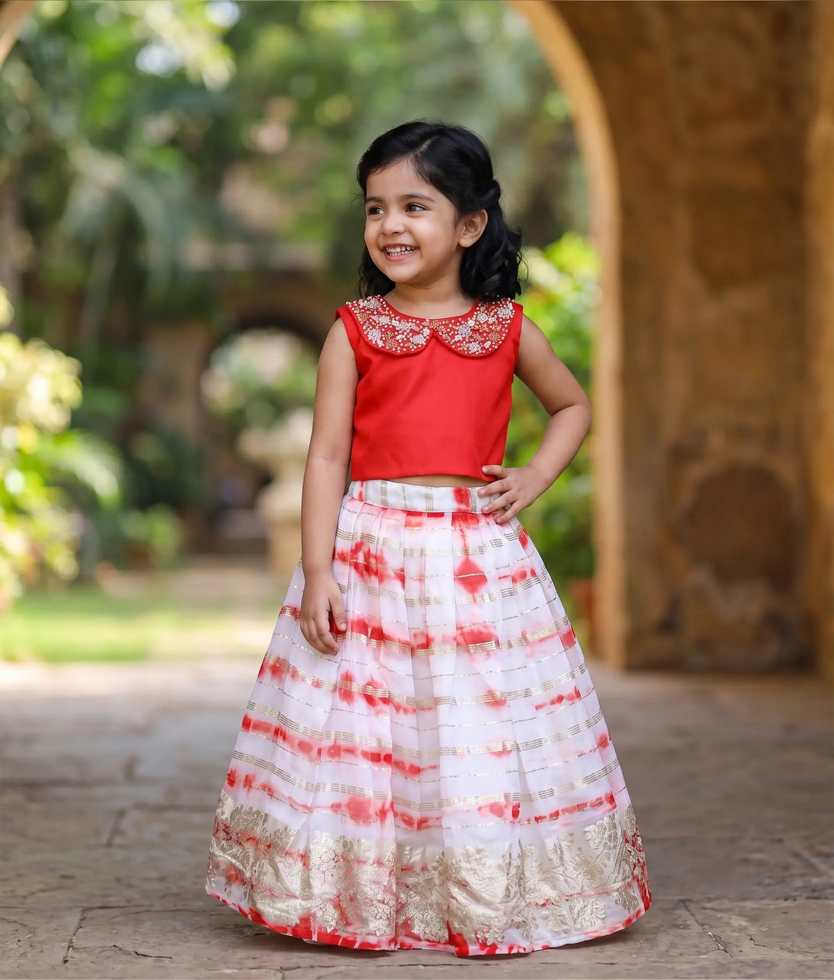 Red Embroidery Crop Top with Full Length Organza Skirt For Baby Girl [2209]