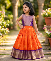 Orange And Violet Kanchipuram Silk Skirt and Top for Baby Girl [6273]
