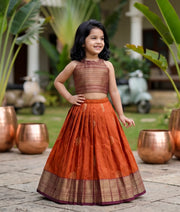 Rust Orange and Wine Kanchipuram Silk Skirt and Top for Baby Girl [6277]