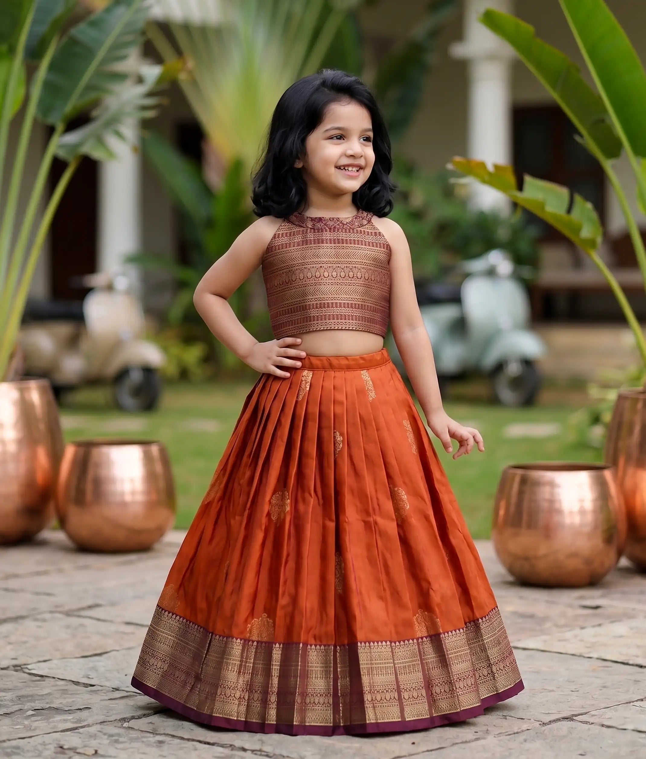 Rust Orange and Wine Kanchipuram Silk Skirt and Top for Baby Girl [6277]