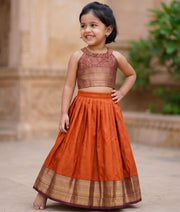 Rust Orange and Wine Kanchipuram Silk Skirt and Top for Baby Girl [6277A]