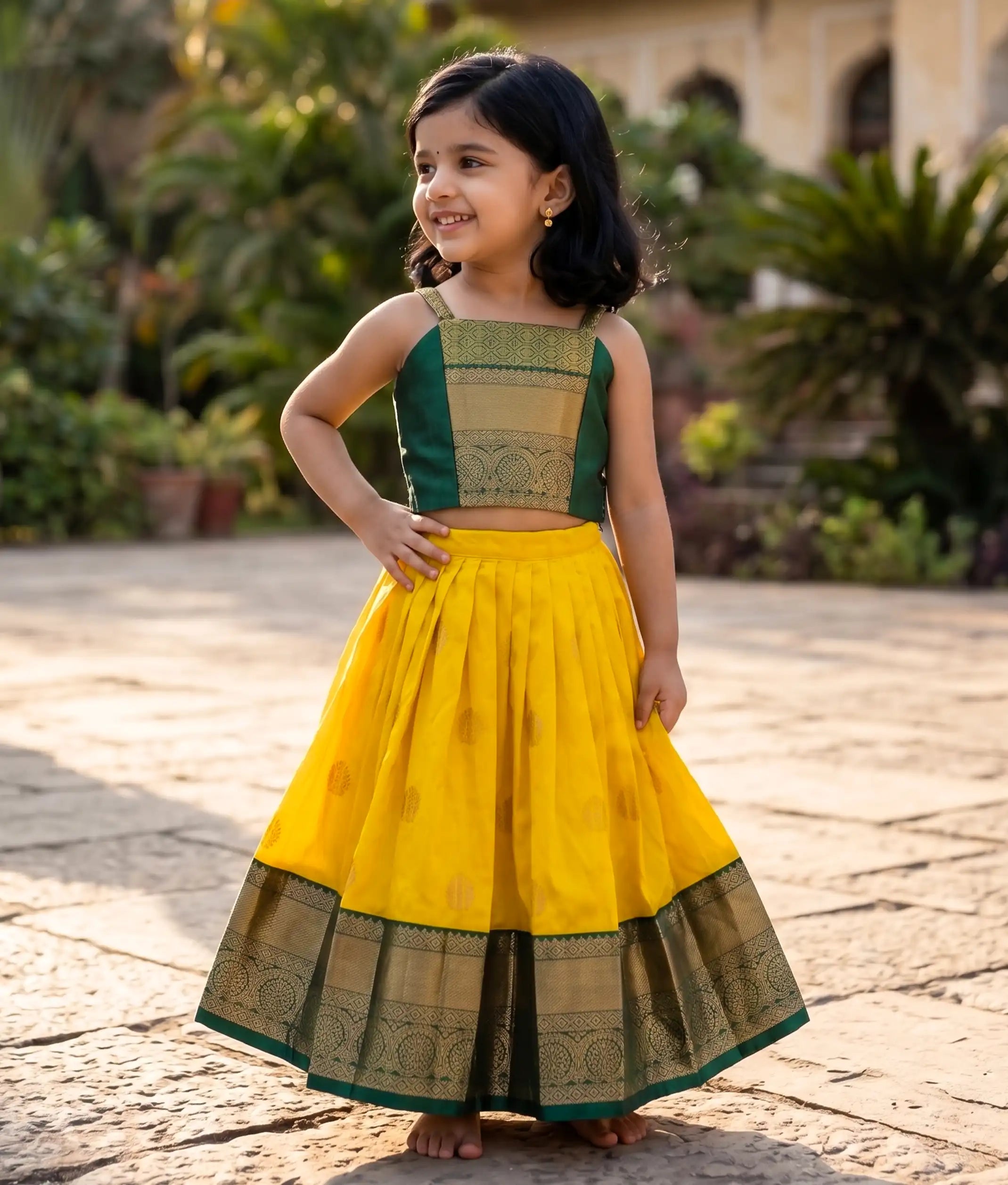 Yellow and Green Kanchipuram Silk Skirt and Top for Baby Girl [6281]