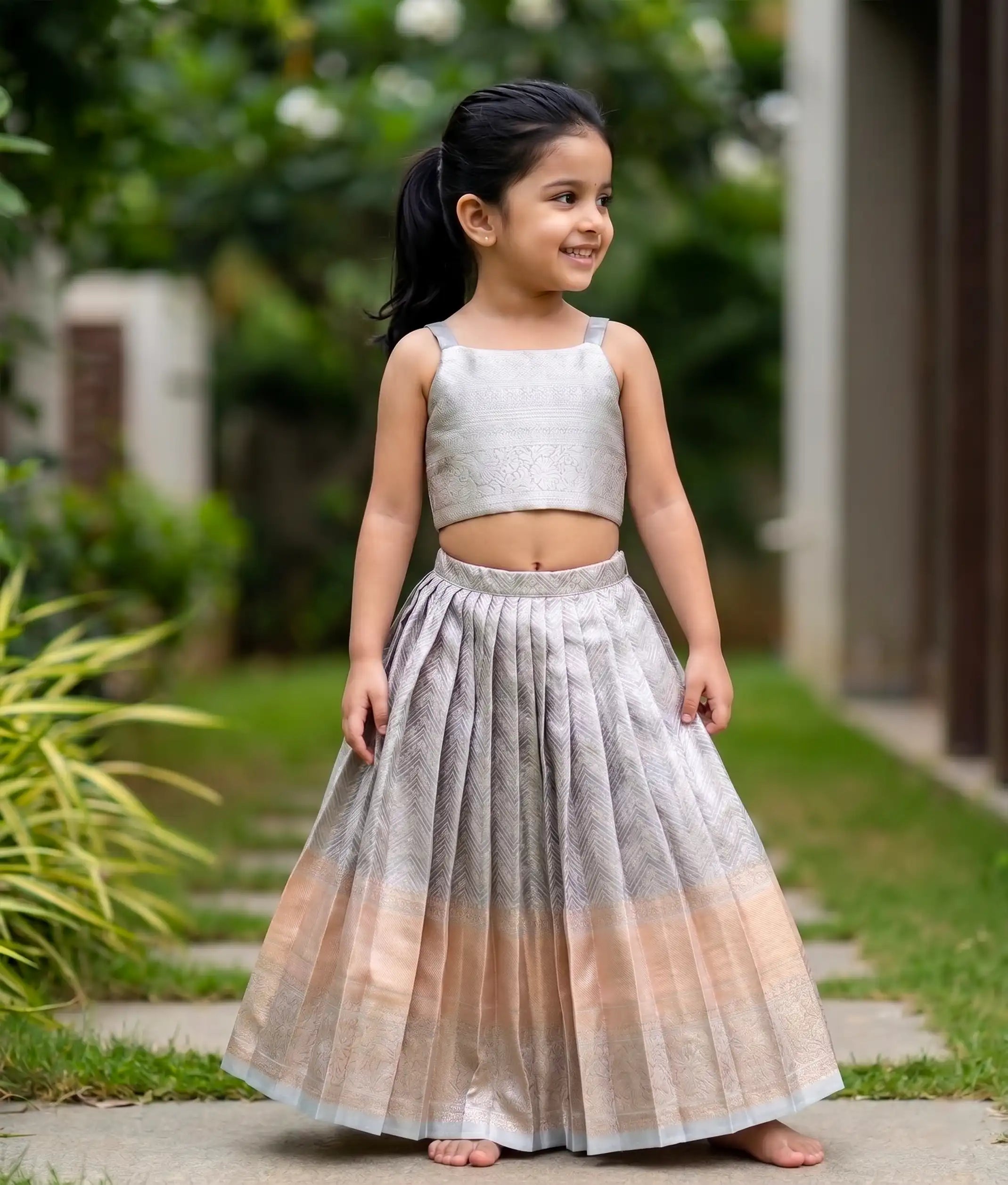 Silver Ash Kanchipuram Silk Skirt and Top for Baby Girl [6297]