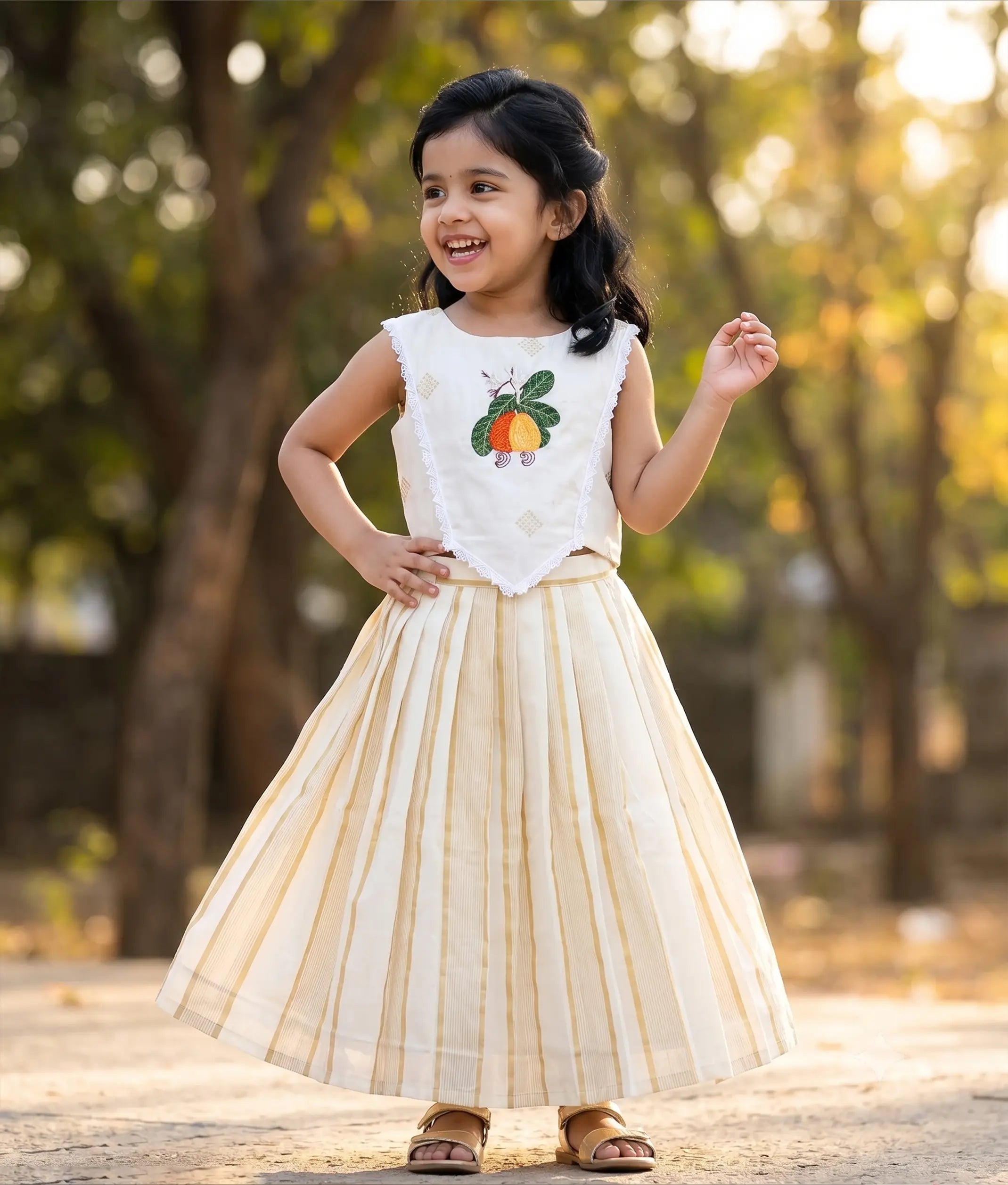 Off-White Embroidery Cotton Skirt and Top for Baby Girls [6362]