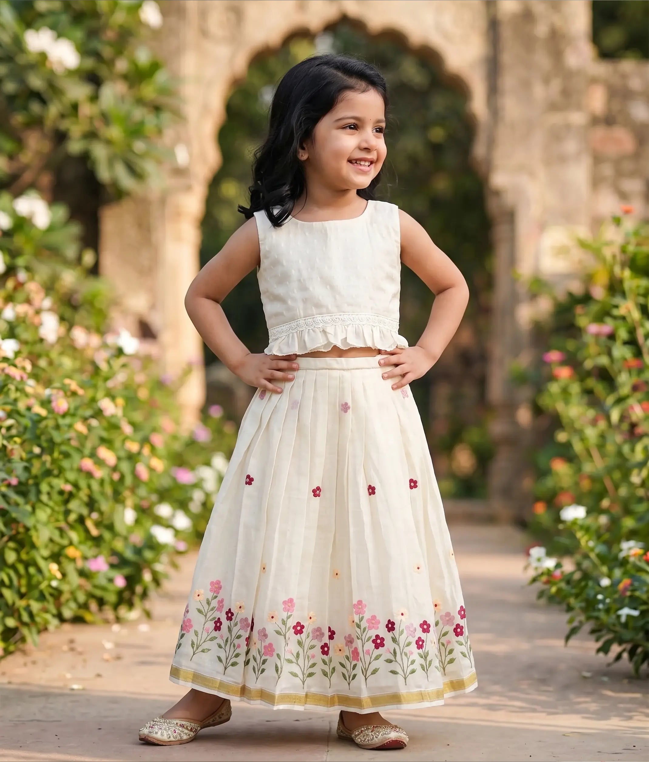 Off-White Cotton Embroidered Skirt and Top for Baby Girl [6369]