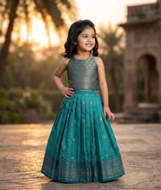 Teal Green Kanchipuram Silk Skirt and Top for Baby Girl [6498]