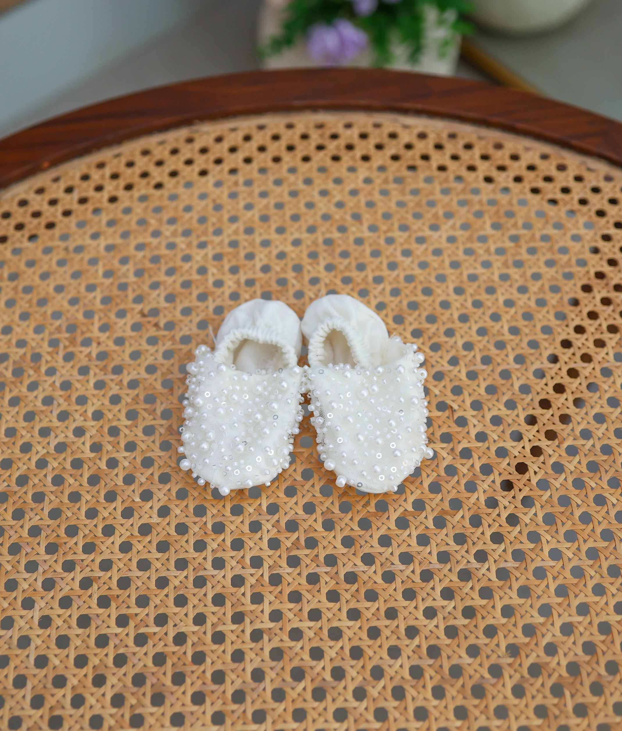 Off-White Handworked Baptism Booties For Baby Girl [Ready To Ship: B21]