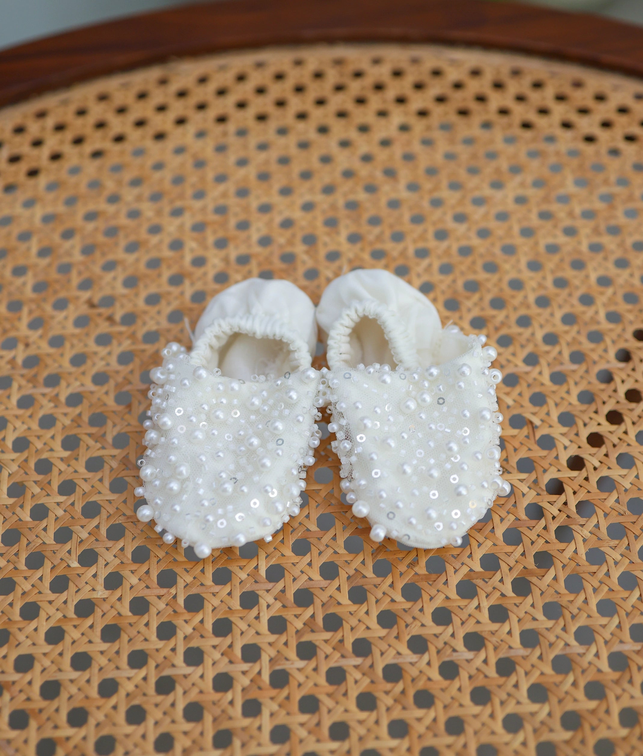Off-White Handworked Baptism Booties For Baby Girl [Ready To Ship: B21]