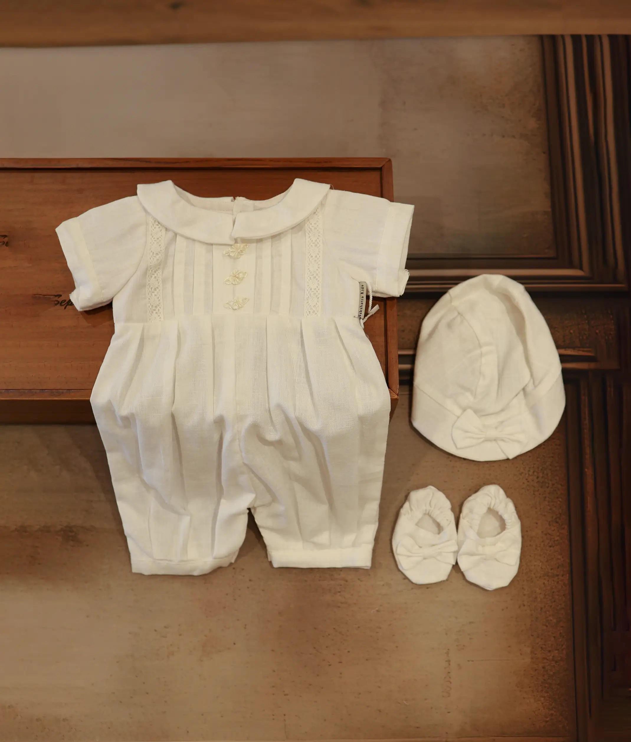 White Cotton Baptism Romper Set For Baby Boy [Ready To Ship: BB103]