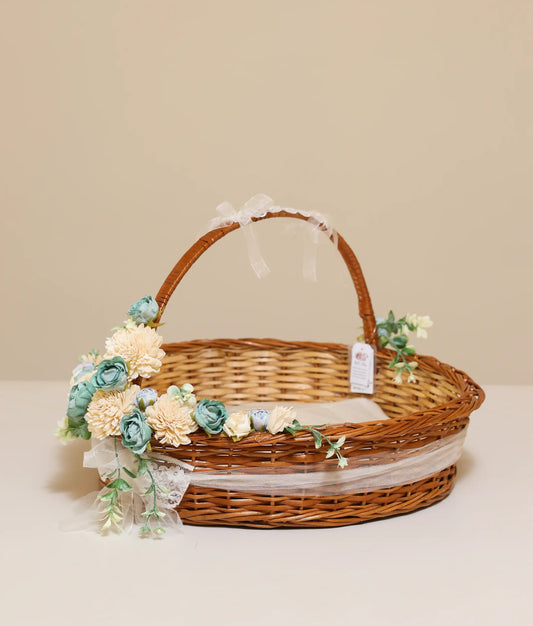Off-white And Peacock-Blue Flower Baptism Basket For Your Baby Christening [Ready To Ship:BX22]
