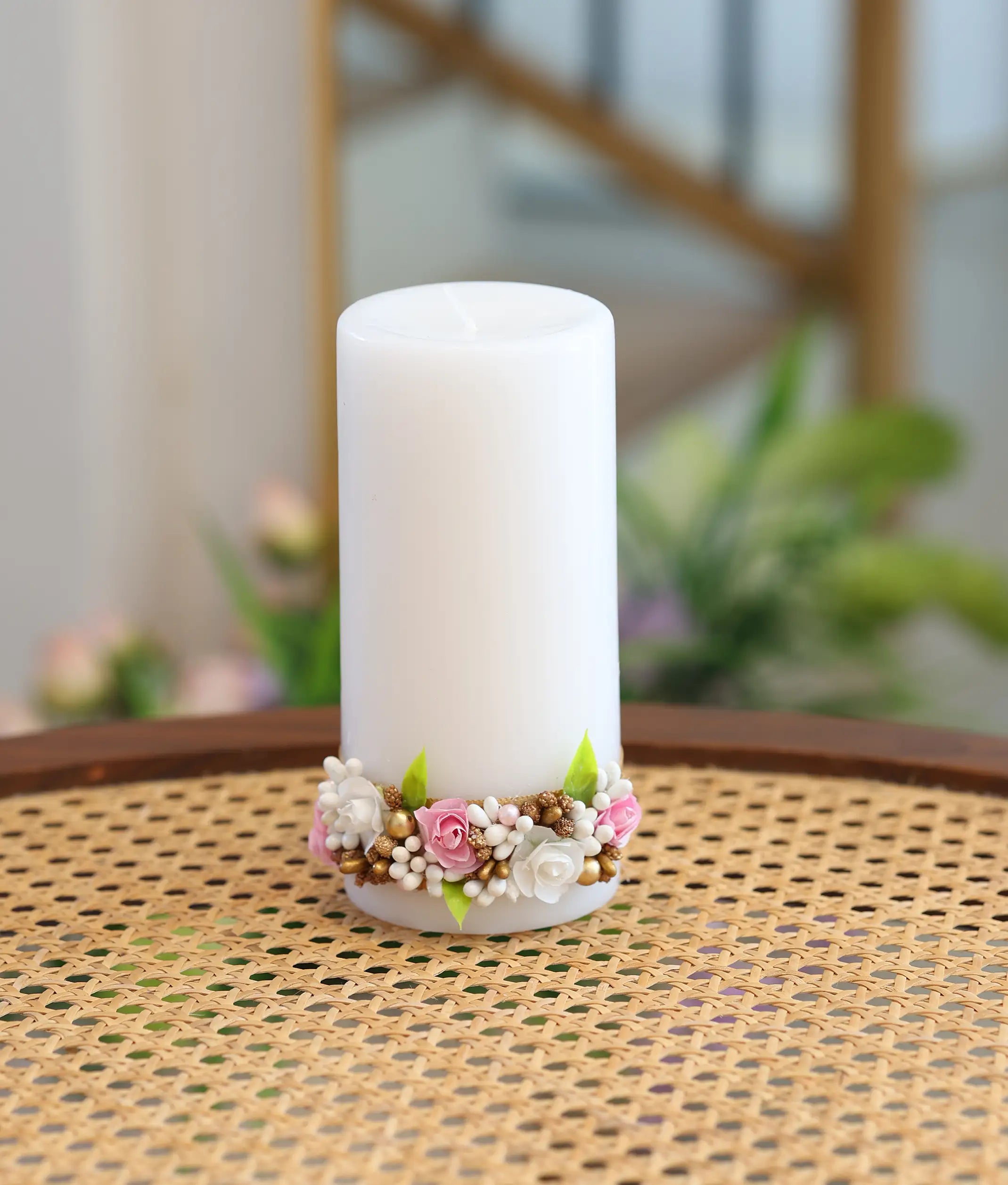 Pink & White Floral Decorative Handcrafted Baptism Candle [C105]