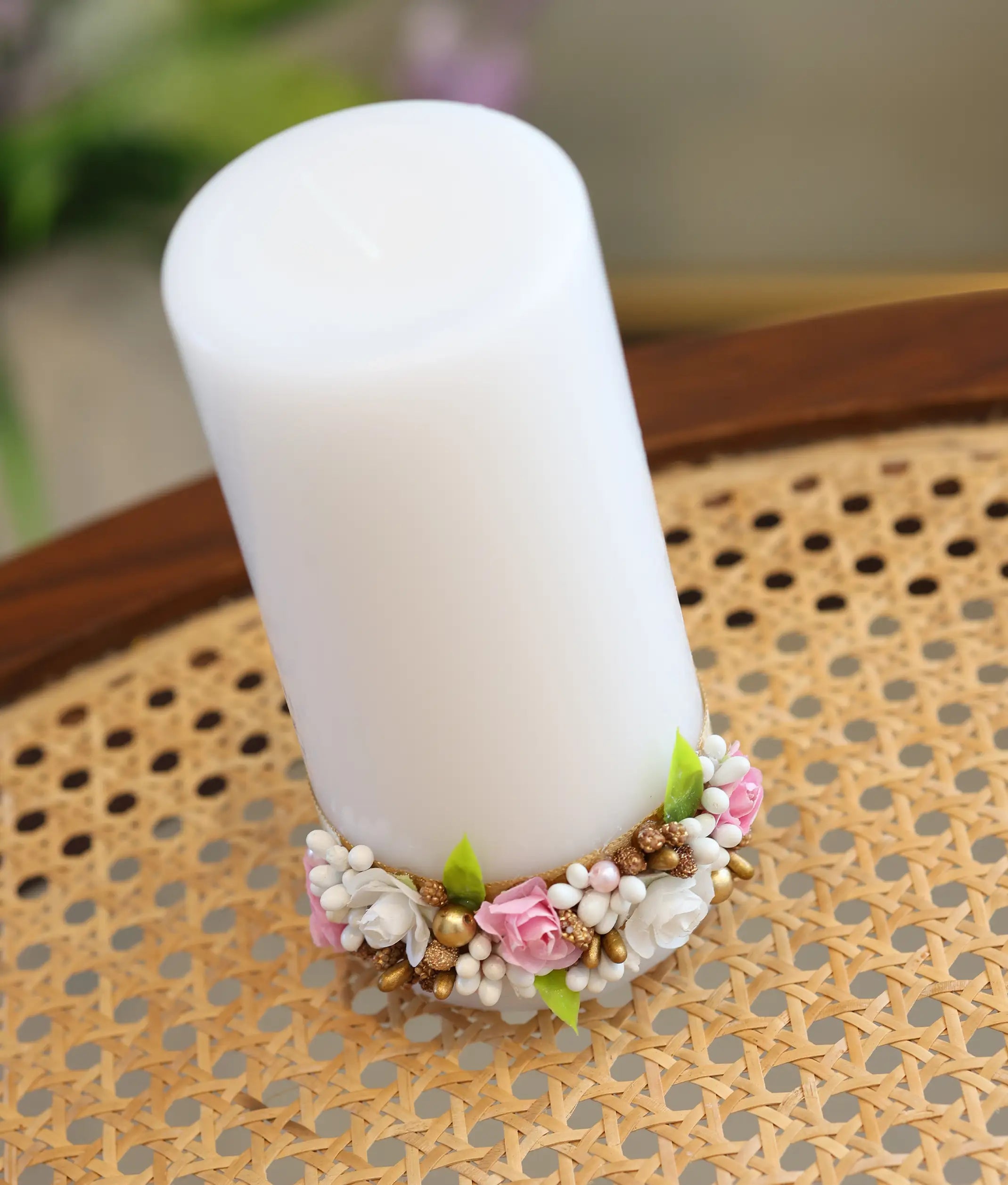 Pink & White Floral Decorative Handcrafted Baptism Candle [C105]