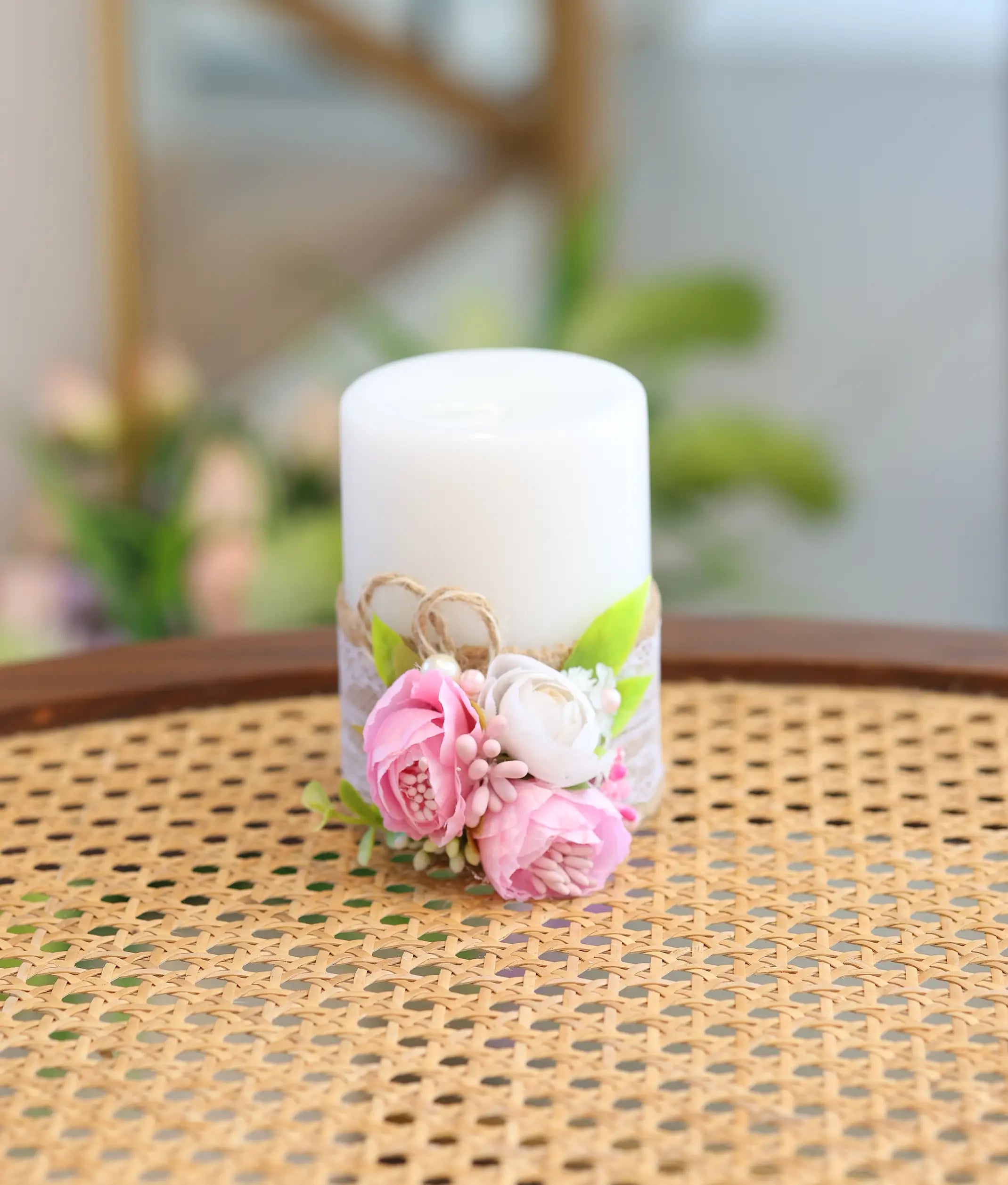 Pink & White Floral Decorative Handcrafted Baptism Candle [C106]