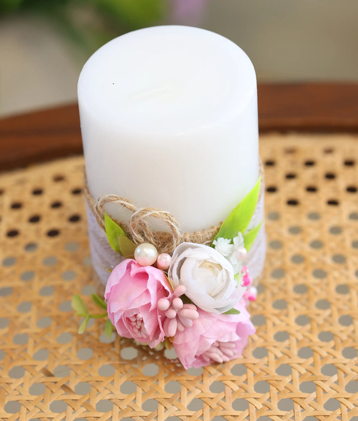 Pink & White Floral Decorative Handcrafted Baptism Candle [C106]