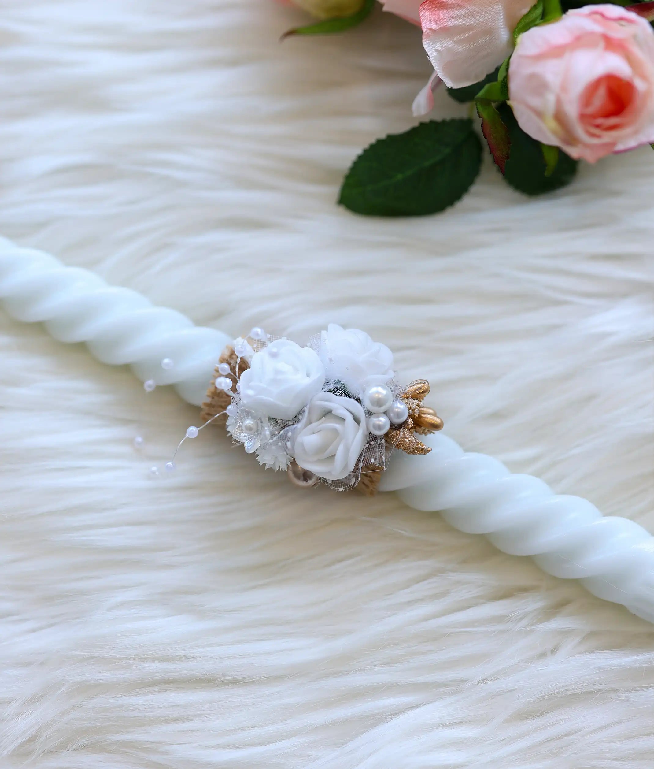 White Floral Decorative Spiral Baptism Candle [C91]