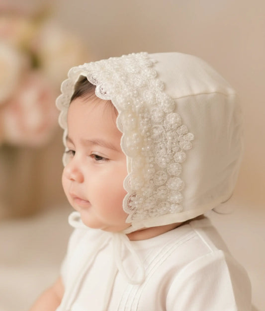 Off-White Baptism Cap For Baby With Lace-Embroidered Front Border [Ready To Ship: CP05]