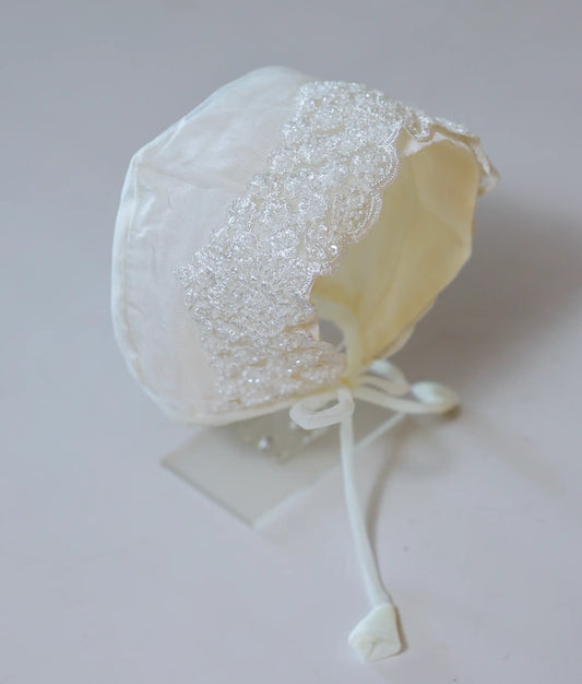 Off-White Baptism Cap For Baby With Lace-Embroidered Front Border [Ready To Ship: CP05]