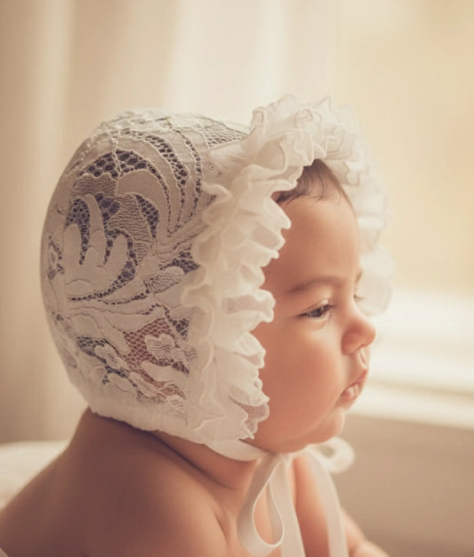 Elegant Off-White Lace Baptism Cap with Soft Ruffled Edge for Your Little One [Ready To Ship: CP08]