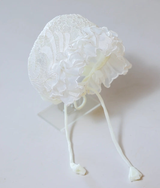 Elegant Off-White Lace Baptism Cap with Soft Ruffled Edge for Your Little One [Ready To Ship: CP08]