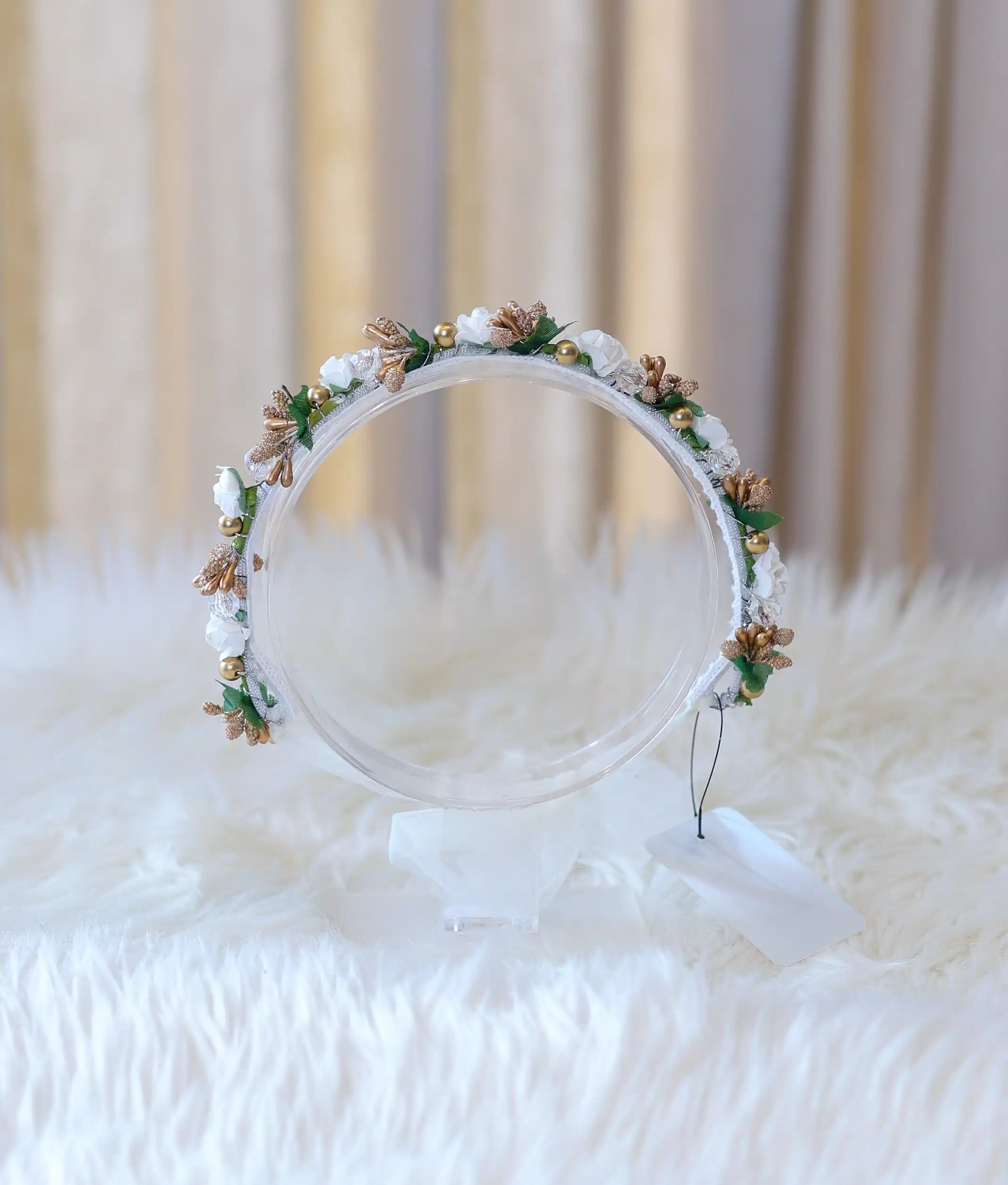 White and Gold Handcrafted Floral Tiara For Baby Girl [CR109]