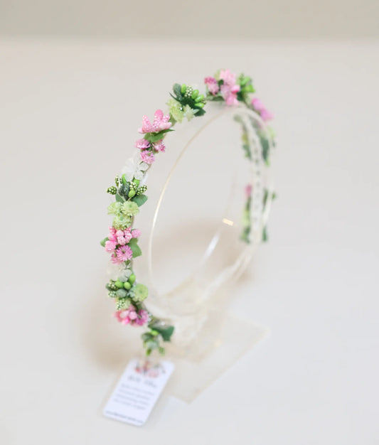 Pink And Green Flower Baptism Tiara For Baby Girl [Ready To ship :CR56]
